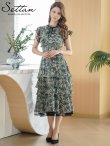 画像6: [送料無料][SETTAN]グリーン・ペイズリー柄・シフォン・フリルスリーブ・プチハイネック・ティアード・Aライン・ミディアムドレス・ワンピース[即日発送][大きいサイズあり] (6)
