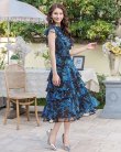 画像9: [送料無料][SETTAN]ホワイト×ブルー・ブラック×ブルー・ブラック×イエロー・フラワープリント・ティアード・フリル・プチハイネック・ミディアムドレス・ワンピース[即日発送][大きいサイズあり] (9)