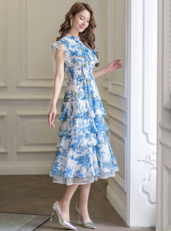 画像2: [送料無料][SETTAN]ホワイト×ブルー・ブラック×ブルー・ブラック×イエロー・フラワープリント・ティアード・フリル・プチハイネック・ミディアムドレス・ワンピース[即日発送][大きいサイズあり] (2)