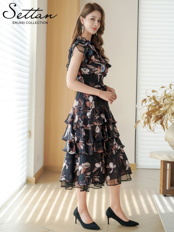画像2: [送料無料][SETTAN]ブラック×ブラウン・花柄・シフォン・フリルスリーブ・プチハイネック・ティアード・Aライン・ミディアムドレス・ワンピース[即日発送][大きいサイズあり] (2)