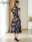 画像3: [送料無料][SETTAN]ブラック×ブラウン・花柄・シフォン・フリルスリーブ・プチハイネック・ティアード・Aライン・ミディアムドレス・ワンピース[即日発送][大きいサイズあり] (3)