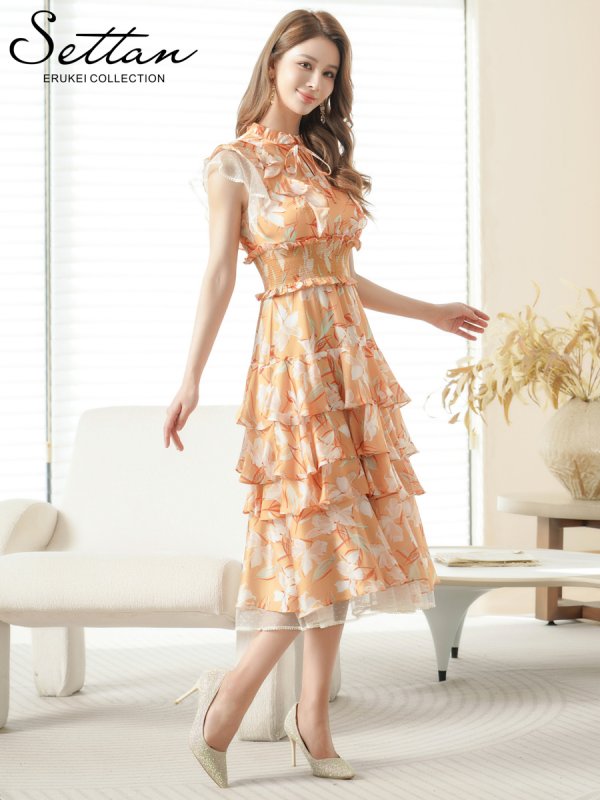 画像2: [送料無料][SETTAN]オレンジ・花柄・シフォン・フリルスリーブ・プチハイネック・ティアード・Aライン・ミディアムドレス・ワンピース[即日発送][大きいサイズあり] (2)
