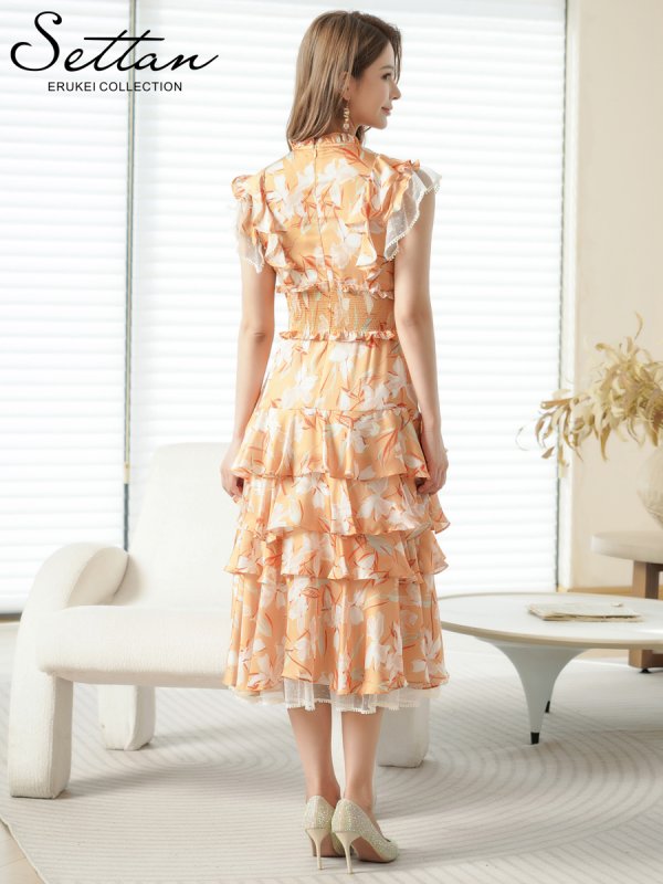 画像3: [送料無料][SETTAN]オレンジ・花柄・シフォン・フリルスリーブ・プチハイネック・ティアード・Aライン・ミディアムドレス・ワンピース[即日発送][大きいサイズあり] (3)