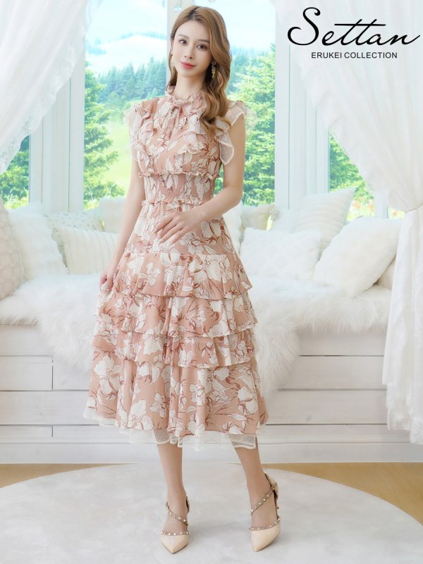 画像1: [送料無料][SETTAN]ピンク×アイボリー・花柄・シフォン・フリルスリーブ・プチハイネック・ティアード・Aライン・ミディアムドレス・ワンピース[即日発送][大きいサイズあり] (1)