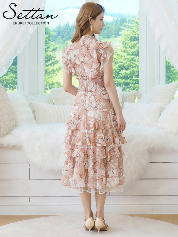 画像3: [送料無料][SETTAN]ピンク×アイボリー・花柄・シフォン・フリルスリーブ・プチハイネック・ティアード・Aライン・ミディアムドレス・ワンピース[即日発送][大きいサイズあり] (3)
