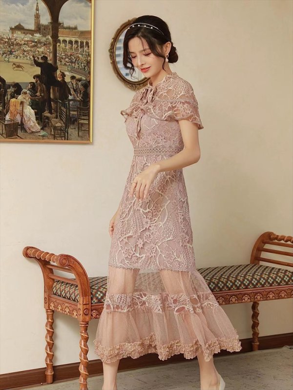 画像12: [送料無料][SETTAN]ホワイト・グリーン・ブルー・ブラウン・ネイビー・ワインレッド・総レース・シースルー・首元リボン・ミディアムドレス・ワンピース[即日発送][大きいサイズあり] (12)