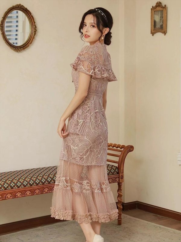 画像13: [送料無料][SETTAN]ホワイト・グリーン・ブルー・ブラウン・ネイビー・ワインレッド・総レース・シースルー・首元リボン・ミディアムドレス・ワンピース[即日発送][大きいサイズあり] (13)