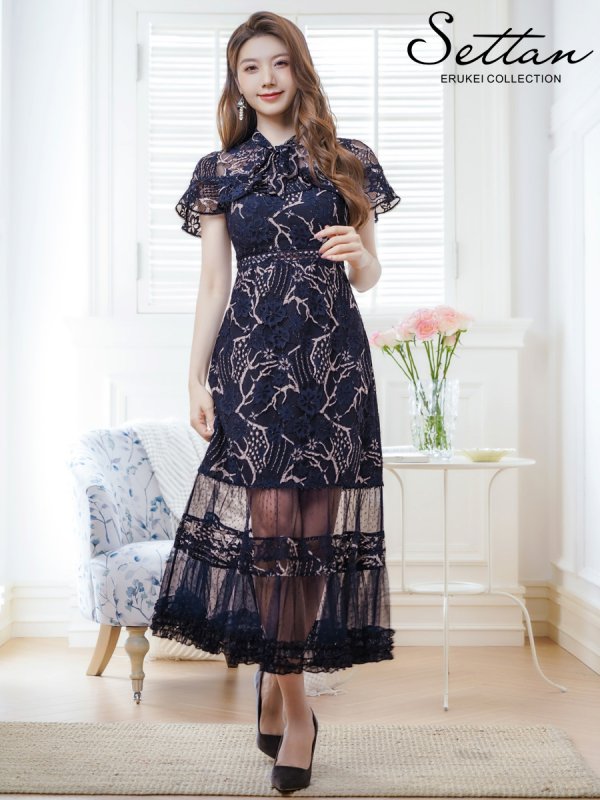 画像16: [送料無料][SETTAN]ホワイト・グリーン・ブルー・ブラウン・ネイビー・ワインレッド・総レース・シースルー・首元リボン・ミディアムドレス・ワンピース[即日発送][大きいサイズあり] (16)
