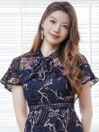画像10: [送料無料][SETTAN]ワインレッド・ネイビー・ブルー・ホワイト・グリーン・ブラウン・総レース・シースルー・首元リボン・ミディアムドレス・ワンピース[即日発送][大きいサイズあり] (10)