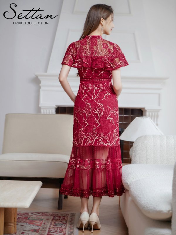 画像20: [送料無料][SETTAN]ホワイト・グリーン・ブルー・ブラウン・ネイビー・ワインレッド・総レース・シースルー・首元リボン・ミディアムドレス・ワンピース[即日発送][大きいサイズあり] (20)