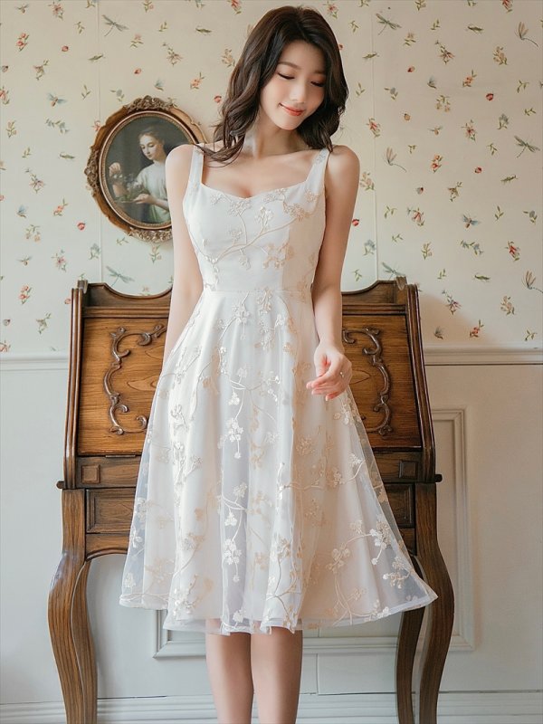 画像4: [SETTAN]ベージュ・刺繍・ノースリーブ・エレガント・Aライン・ミニドレス・ワンピース[即日発送][大きいサイズあり] (4)