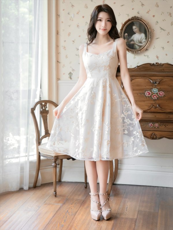 画像6: [SETTAN]ベージュ・刺繍・ノースリーブ・エレガント・Aライン・ミニドレス・ワンピース[即日発送][大きいサイズあり] (6)