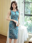 画像1: [送料無料][SETTAN]ブルー・イエロー・胸元スリットカット・ノースリーブ・タイト・ミディアムドレス・ワンピース[即日発送][大きいサイズあり] (1)