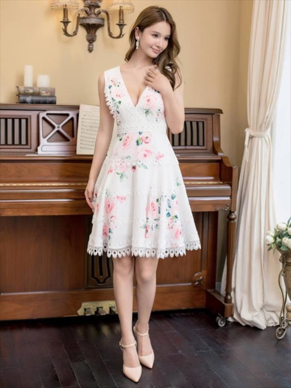 画像11: [送料無料][ERUKEI]レッド・ホワイト・花柄・プリント・レース・Vネック・ノースリーブ・Aライン・ミニドレス・ワンピース[即日発送][大きいサイズあり] (11)