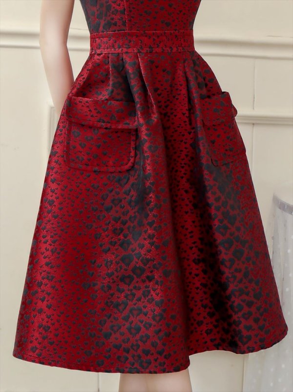 画像5: [送料無料][GINZA COUTURE]レッド・オレンジ・ピンク・ブラック・レオパード柄・ジャガード・ポケット付き・フレア・Aライン・ノースリーブ・ミディアムドレス・ワンピース[即日発送][大きいサイズあり] (5)