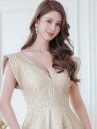 画像16: [送料無料][SETTAN]ブルー・ピンク・ベージュ・グレー・シンプル・ジャガード・ハイウエスト・フリルスリーブ・Vネック・Aライン・ロングドレス [即日発送][大きいサイズあり] (16)