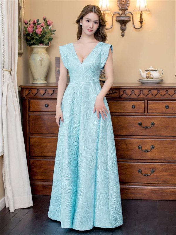 画像2: [送料無料][SETTAN]ブルー・ホワイト・シンプル・ジャガード・ハイウエスト・フリルスリーブ・Vネック・Aライン・ロングドレス [即日発送][大きいサイズあり] (2)