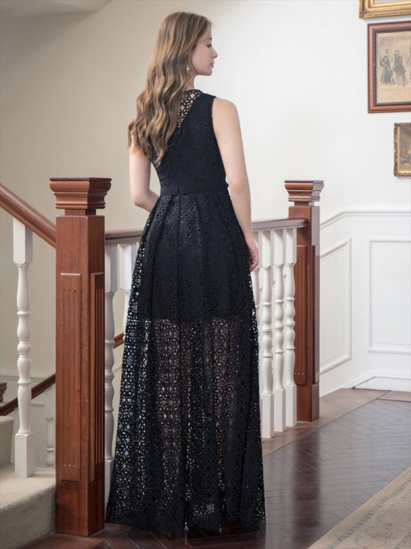 画像3: [送料無料][SETTAN]ブラック・ホワイト・総レース・ノースリーブ・Aライン・ロングドレス[即日発送][大きいサイズあり] (3)