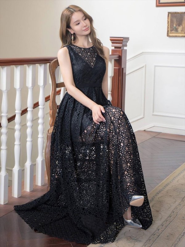 画像5: [送料無料][SETTAN]ブラック・ホワイト・総レース・ノースリーブ・Aライン・ロングドレス[即日発送][大きいサイズあり] (5)