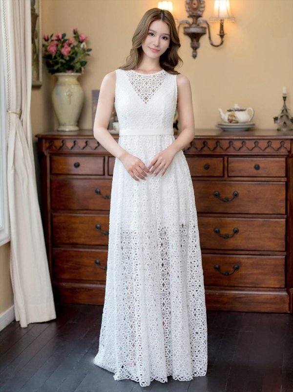 画像8: [送料無料][SETTAN]ブラック・ホワイト・総レース・ノースリーブ・Aライン・ロングドレス[即日発送][大きいサイズあり] (8)