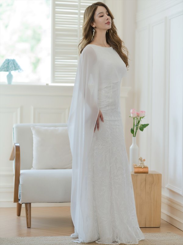 画像2: [送料無料][SETTAN]ホワイト・イエロー・ワインレッド・総レース・ケープ風・タイト・ロングドレス[即日発送][大きいサイズあり] (2)