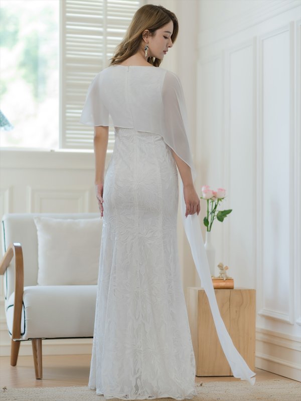 画像3: [送料無料][SETTAN]ホワイト・イエロー・ワインレッド・総レース・ケープ風・タイト・ロングドレス[即日発送][大きいサイズあり] (3)