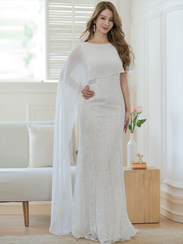 画像5: [送料無料][SETTAN]ホワイト・イエロー・ワインレッド・総レース・ケープ風・タイト・ロングドレス[即日発送][大きいサイズあり] (5)