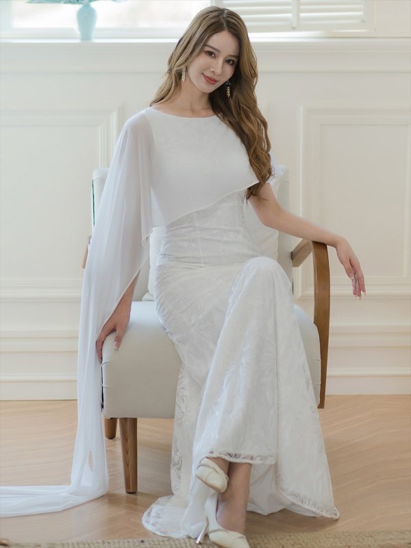 画像6: [送料無料][SETTAN]ホワイト・イエロー・ワインレッド・総レース・ケープ風・タイト・ロングドレス[即日発送][大きいサイズあり] (6)