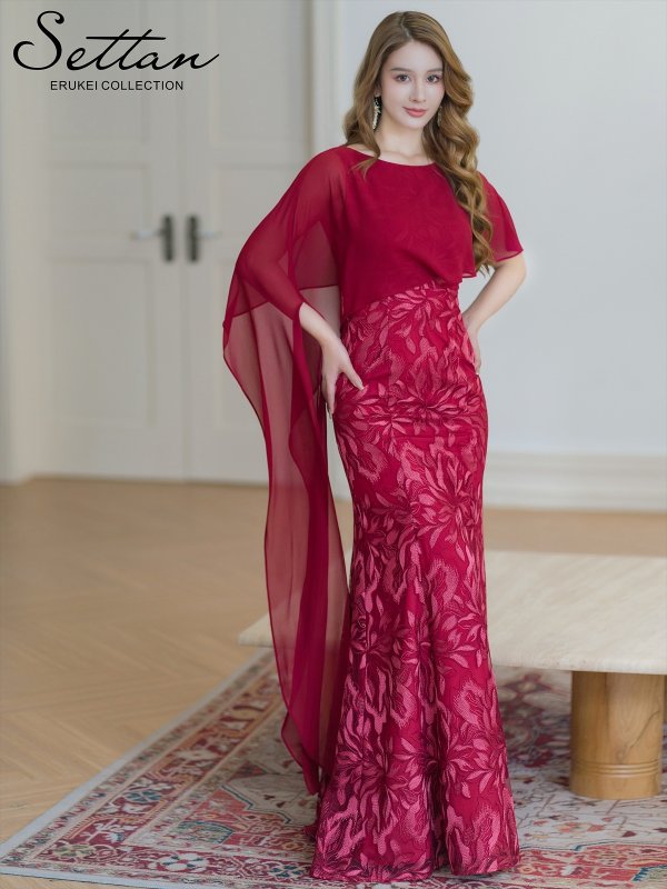 画像14: [送料無料][SETTAN]ホワイト・イエロー・ワインレッド・総レース・ケープ風・タイト・ロングドレス[即日発送][大きいサイズあり] (14)