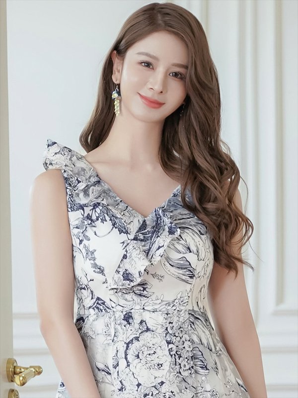 画像4: [送料無料][SETTAN]ホワイト×ネイビー・トワルドジュイ・プリント・オーガンジー・フリル・ノースリーブ・Vネック・Aライン・ロングドレス[即日発送][大きいサイズあり] (4)