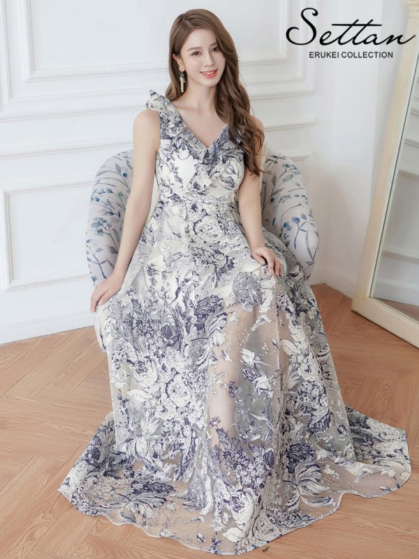 画像6: [送料無料][SETTAN]ホワイト×ネイビー・トワルドジュイ・プリント・オーガンジー・フリル・ノースリーブ・Vネック・Aライン・ロングドレス[即日発送][大きいサイズあり] (6)