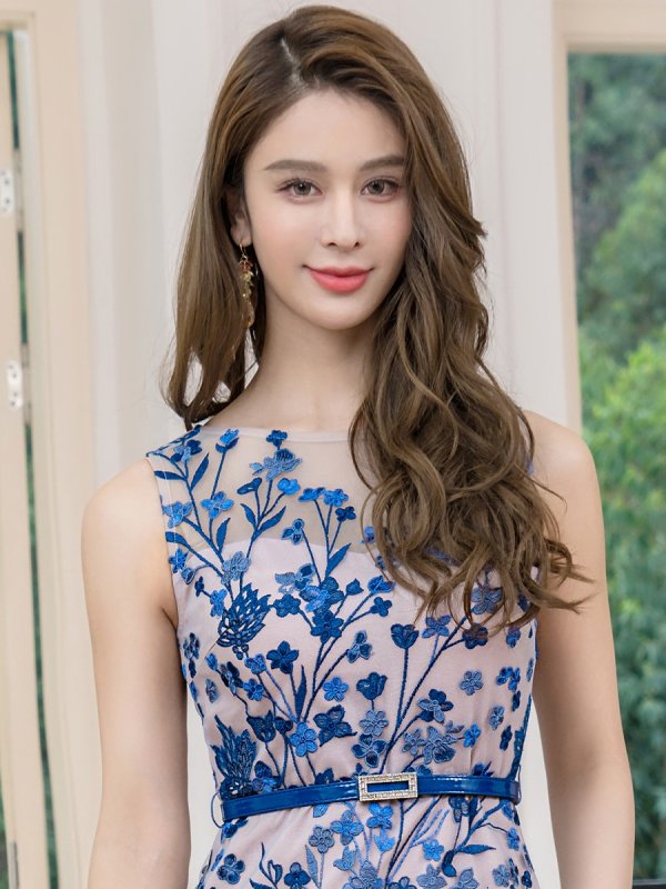 画像4: [送料無料][SETTAN]ブルー・ノースリーブ・チュールレース・刺繡・花柄・エアリー・ベルト付き・タイト・マーメイド・ミディアムドレス・ワンピース[即日発送][大きいサイズあり] (4)