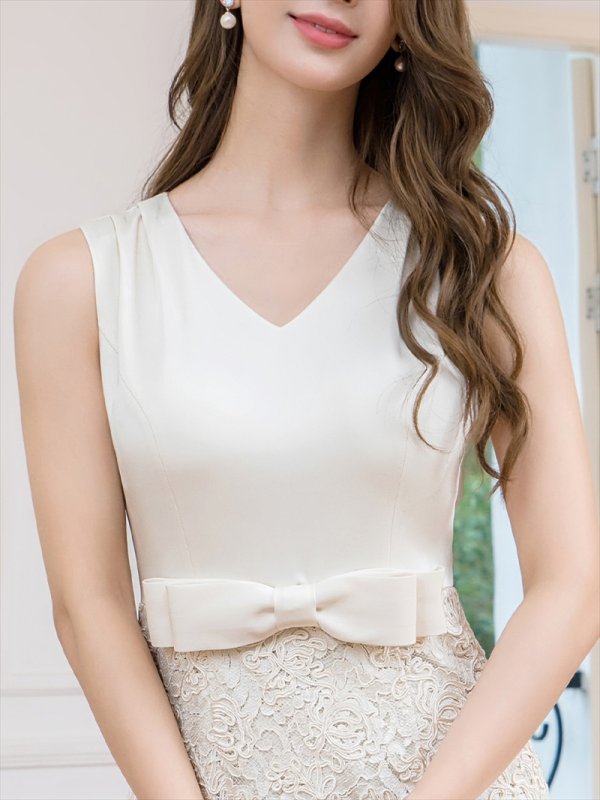 画像4: [送料無料][SETTAN]アイボリー・ワンカラー・レース・切替・タック・Vネック・ノースリーブ・リボン・タイト・ミディアムドレス・ワンピース[即日発送][大きいサイズあり] (4)