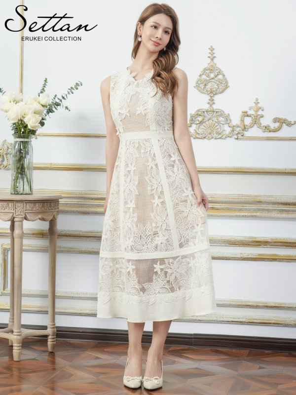 画像2: [送料無料][SETTAN]ホワイト・立体フラワー・レース・メッシュ・シアー・ノースリーブ・インナーミニ・Aライン・ミディアムドレス・ワンピース[即日発送][大きいサイズあり] (2)
