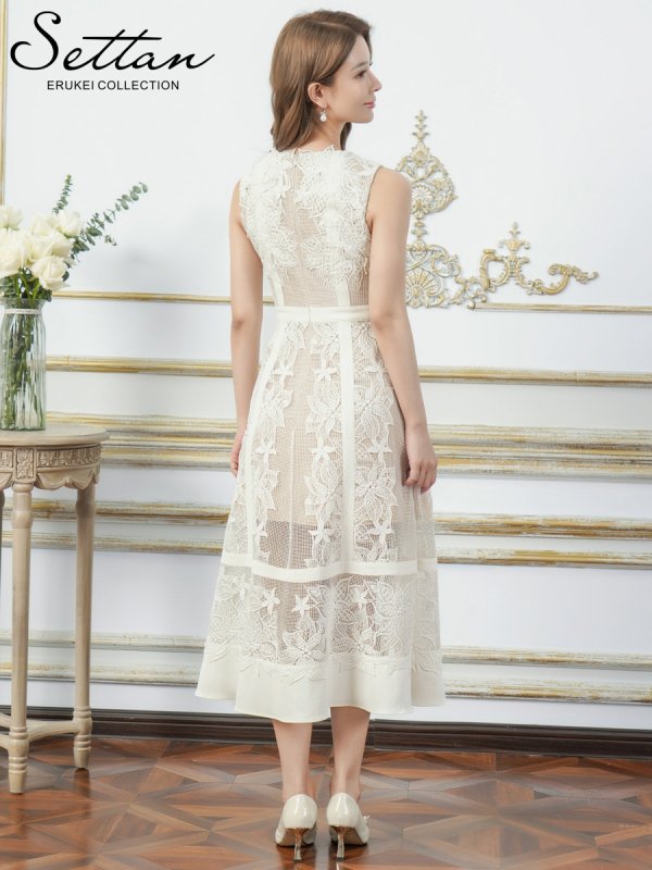 画像3: [送料無料][SETTAN]ホワイト・立体フラワー・レース・メッシュ・シアー・ノースリーブ・インナーミニ・Aライン・ミディアムドレス・ワンピース[即日発送][大きいサイズあり] (3)