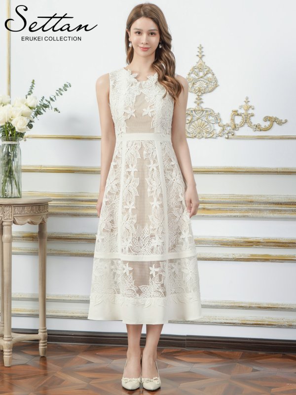 画像6: [送料無料][SETTAN]ホワイト・立体フラワー・レース・メッシュ・シアー・ノースリーブ・インナーミニ・Aライン・ミディアムドレス・ワンピース[即日発送][大きいサイズあり] (6)