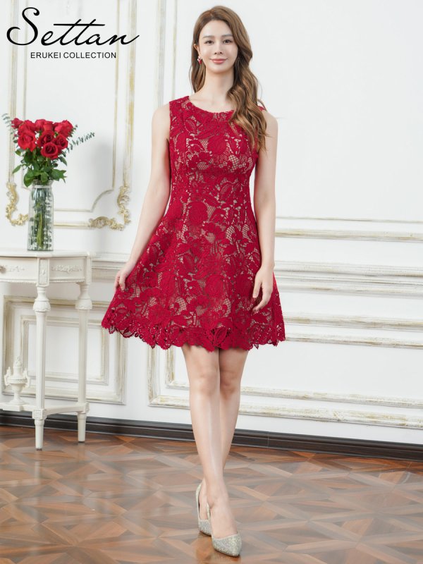 画像5: [送料無料][SETTAN]レッド・ホワイト・ブラック・ベージュ・ケミカルレース・総レース・ノースリーブ・Aライン・フレア・ミニドレス・ワンピース[即日発送][大きいサイズあり] (5)