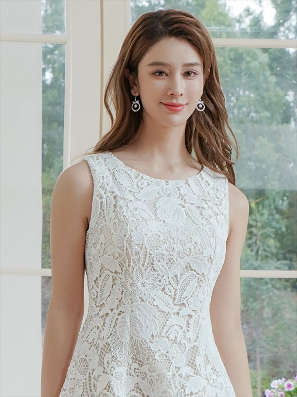 画像4: [送料無料][SETTAN]ホワイト・ブラック・ベージュ・レッド・ケミカルレース・総レース・ノースリーブ・Aライン・フレア・ミニドレス・ワンピース[即日発送][大きいサイズあり] (4)