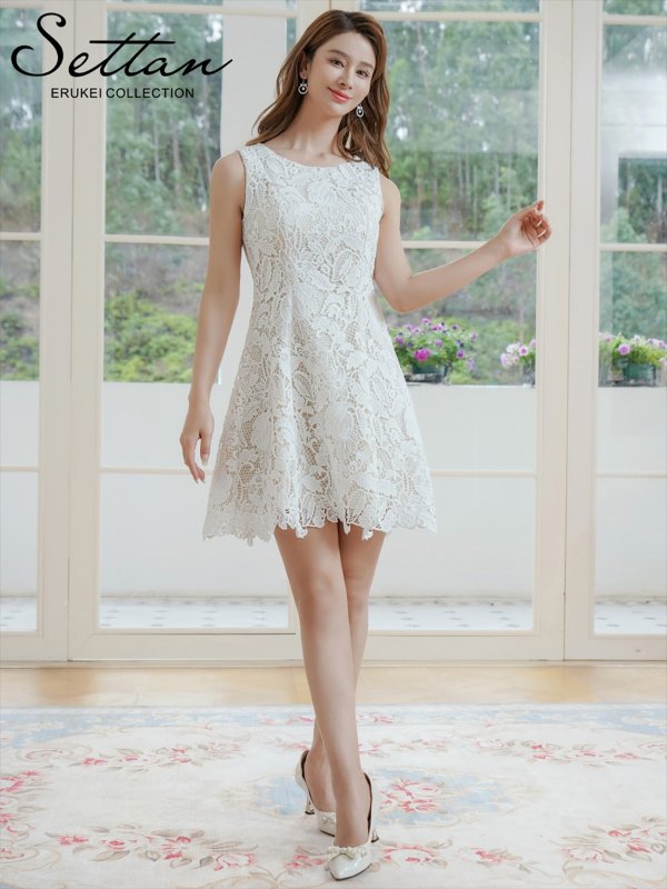 画像5: [送料無料][SETTAN]ホワイト・ブラック・ベージュ・レッド・ケミカルレース・総レース・ノースリーブ・Aライン・フレア・ミニドレス・ワンピース[即日発送][大きいサイズあり] (5)