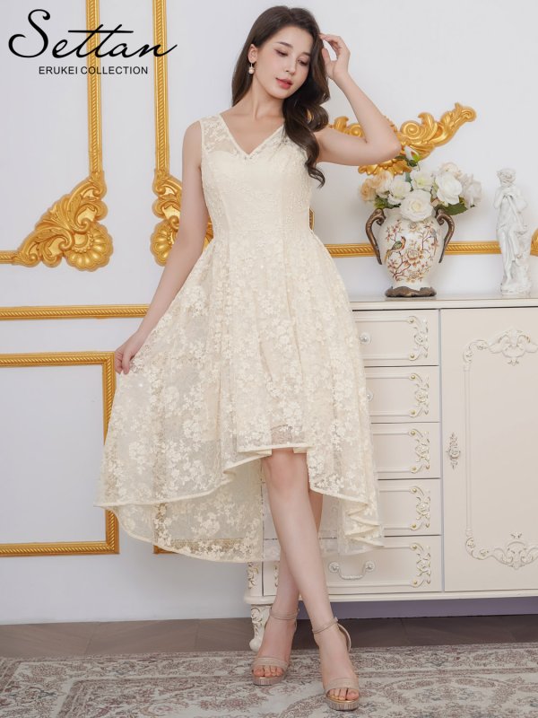画像2: [送料無料][SETTAN]アイボリー・総レース・スパンコール・ノースリーブ・Vネック・タック・フィッシュテール・Aライン・ミディアムドレス・ワンピース[即日発送][大きいサイズあり] (2)