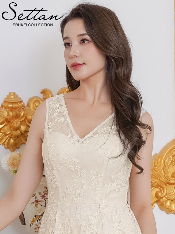 画像4: [送料無料][SETTAN]アイボリー・総レース・スパンコール・ノースリーブ・Vネック・タック・フィッシュテール・Aライン・ミディアムドレス・ワンピース[即日発送][大きいサイズあり] (4)