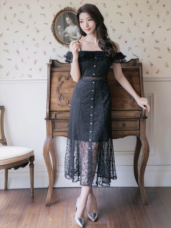 画像9: [送料無料][SETTAN]ホワイト・ブラック・総レース・リボンビジュー・オフショルダー・キャミソール・Aライン・ミディアムドレス・ワンピース[即日発送][大きいサイズあり] (9)