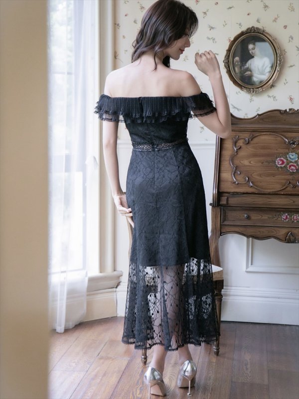 画像10: [送料無料][SETTAN]ホワイト・ブラック・総レース・リボンビジュー・オフショルダー・キャミソール・Aライン・ミディアムドレス・ワンピース[即日発送][大きいサイズあり] (10)