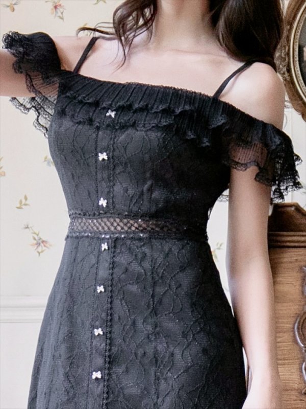 画像11: [送料無料][SETTAN]ホワイト・ブラック・総レース・リボンビジュー・オフショルダー・キャミソール・Aライン・ミディアムドレス・ワンピース[即日発送][大きいサイズあり] (11)