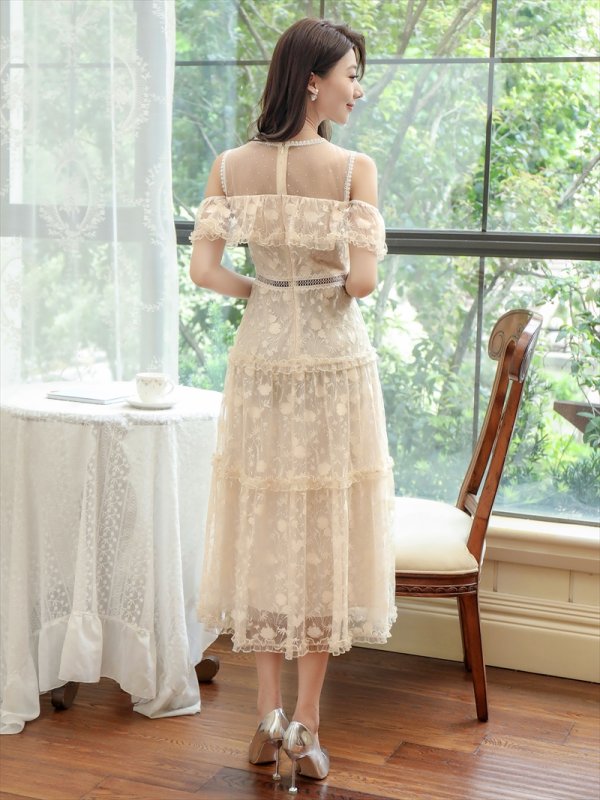 画像3: [送料無料][SETTAN]ベージュ・ブルー・Aライン・レース・フリル・オープンショルダー・ミディアムワンピース・ワンピース[即日発送][大きいサイズあり] (3)