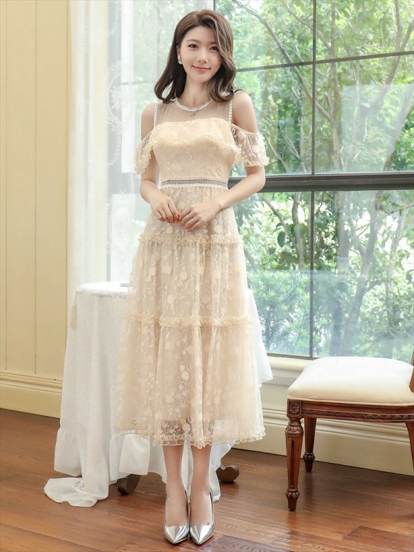 画像6: [送料無料][SETTAN]ベージュ・ブルー・Aライン・レース・フリル・オープンショルダー・ミディアムワンピース・ワンピース[即日発送][大きいサイズあり] (6)