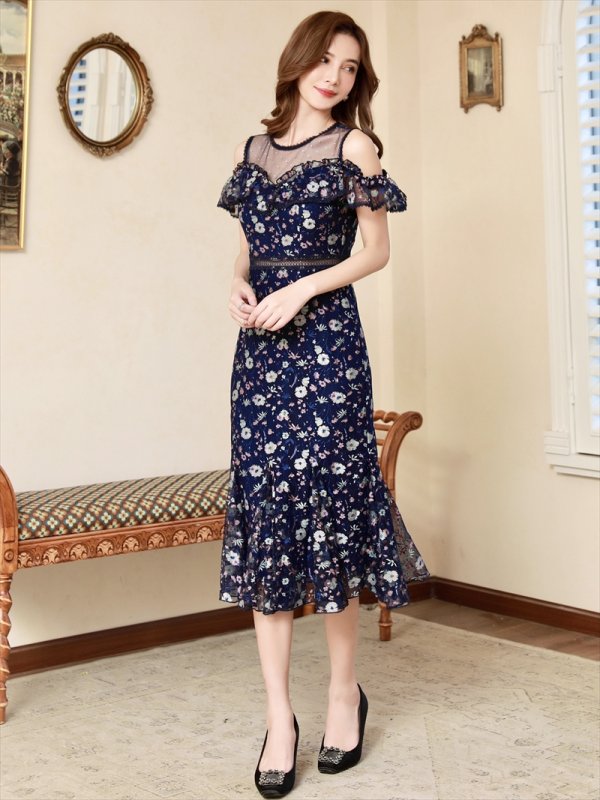 画像12: [送料無料][SETTAN]パープル・ネイビー・フラワー総レース・フロントフリル・デコルテシースルー・オープンショルダー・ミディアムドレス・ワンピース[即日発送][大きいサイズあり] (12)