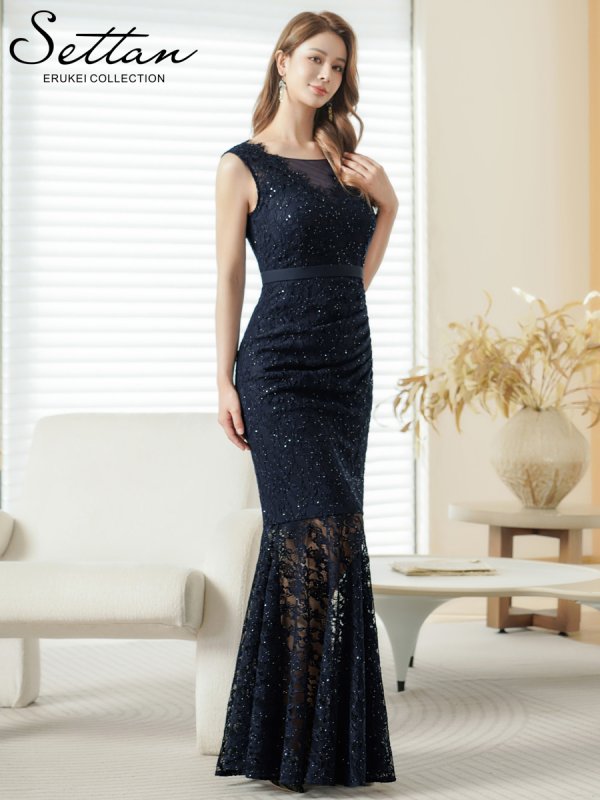 画像8: [送料無料][SETTAN]レッド・ネイビー・ホワイト・総レース・スパンコール・シアー・ギャザー・Vネック・ノースリーブ・ハイウエスト・タイト・マーメイド・ロングドレス[即日発送][大きいサイズあり] (8)