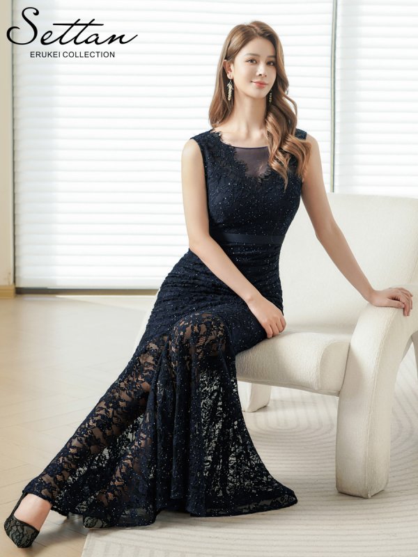 画像12: [送料無料][SETTAN]レッド・ネイビー・ホワイト・総レース・スパンコール・シアー・ギャザー・Vネック・ノースリーブ・ハイウエスト・タイト・マーメイド・ロングドレス[即日発送][大きいサイズあり] (12)