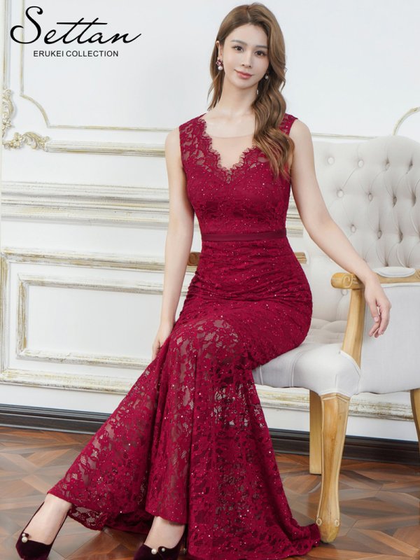 画像1: [送料無料][SETTAN]レッド・ホワイト・総レース・スパンコール・シアー・ギャザー・Vネック・ノースリーブ・ハイウエスト・タイト・マーメイド・ロングドレス[即日発送][大きいサイズあり] (1)